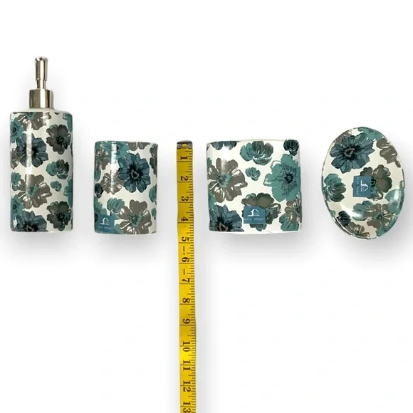 Floral Bath Accessory Ceramic Set Sun Splash Collection White Blue 4 Piece Set - Picture 5 of 9